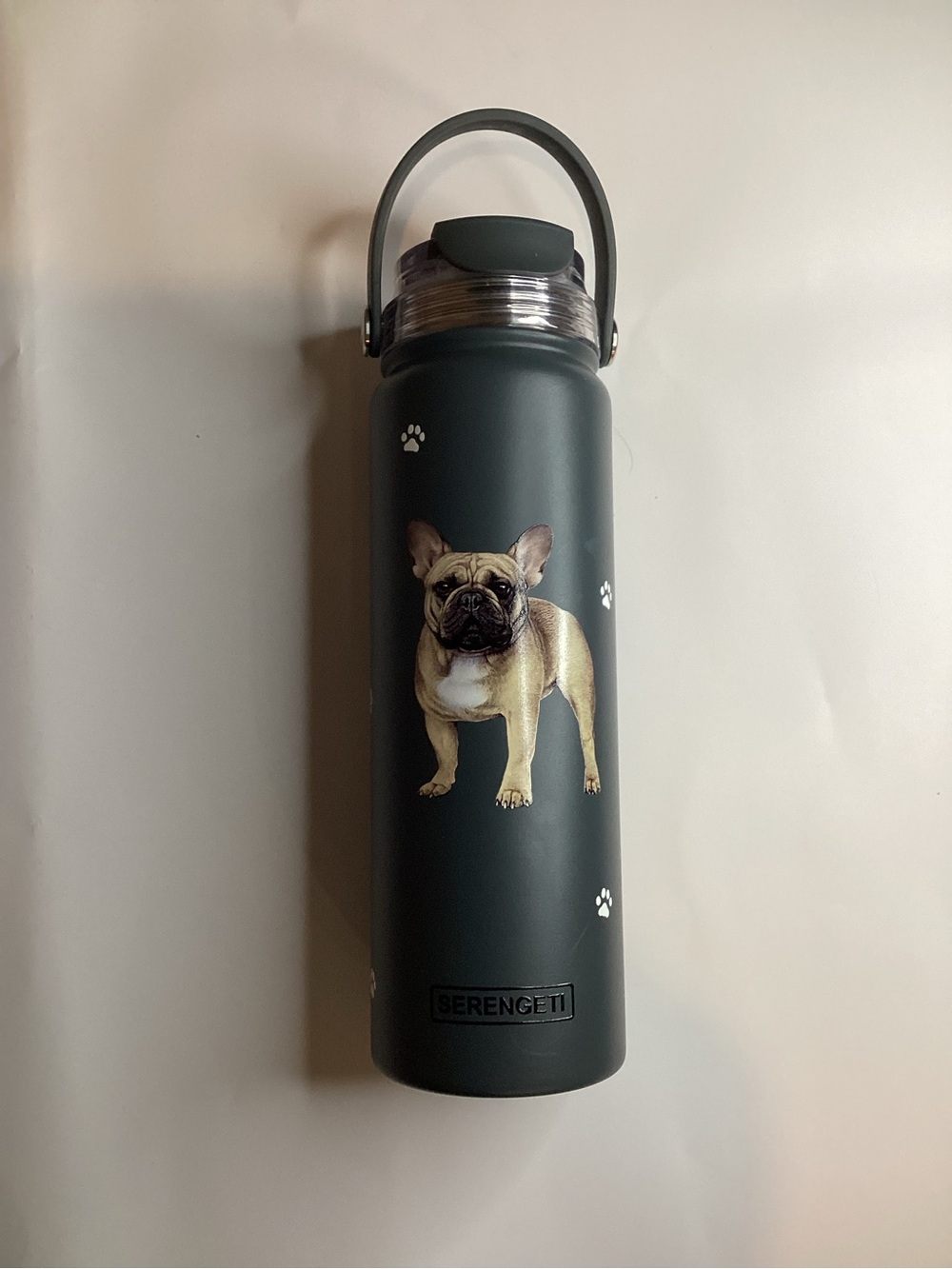 Serengeti French Bulldog Stainless Steel Spill Proof Water Bottle 24 0z Gray
